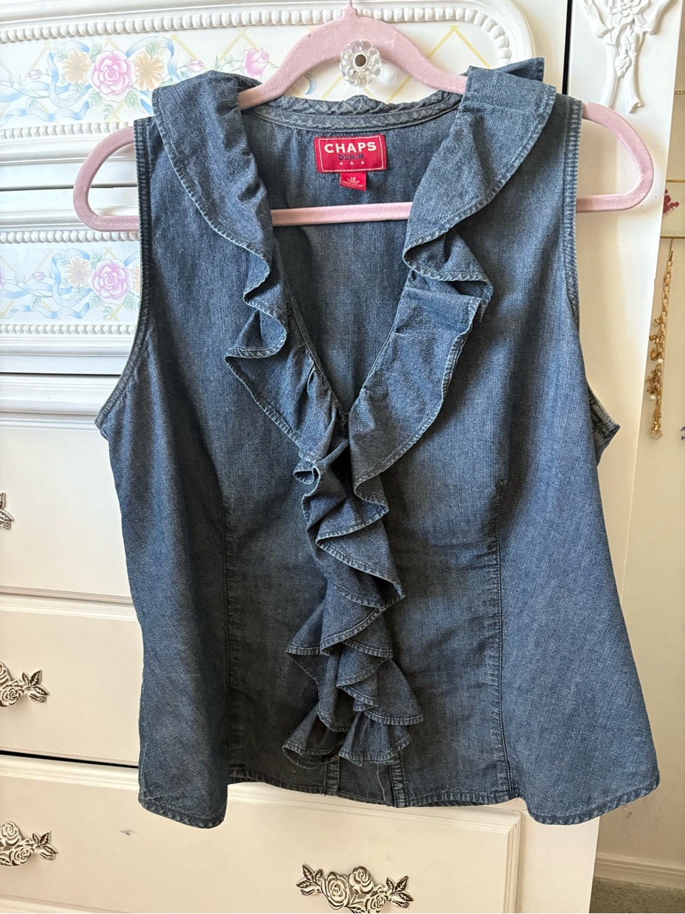 Chaps Denim Ruffle Sleeveless Top - Light Blue